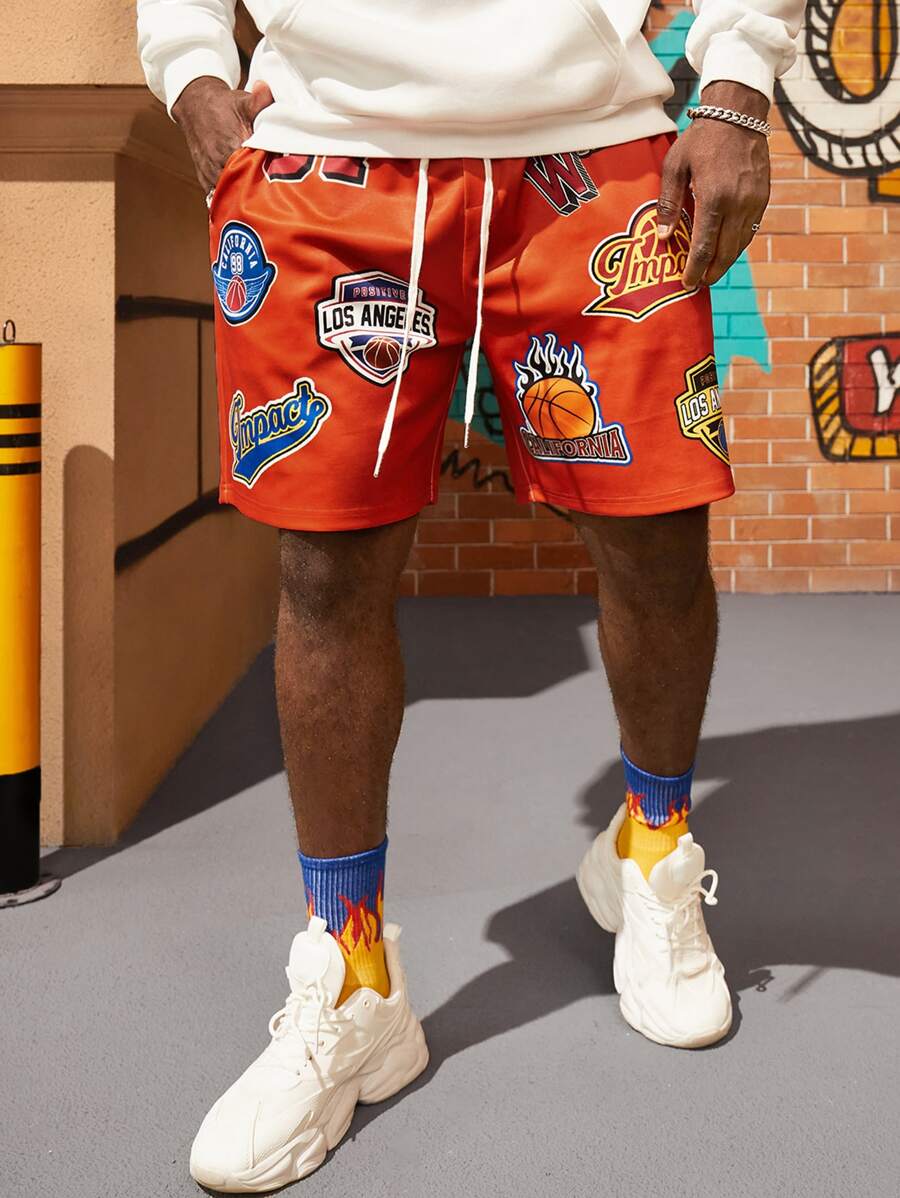 Manfinity RebelGame Loose Men's Letter Graphic Drawstring Waist Shorts - Orange - View 1