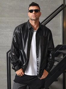 EASEVO Men Plus Patched Pocket PU Leather Shirt - Black - View 1