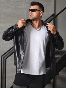 EASEVO Men Plus Patched Pocket PU Leather Shirt - Black - View 5