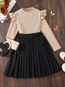 Chicas Rayas Tejido Con Volantes Trim Tee & Falda Opaca Plisada - Multicolor - Ver 1