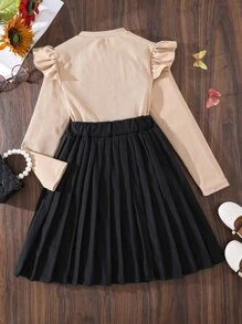 Chicas Rayas Tejido Con Volantes Trim Tee & Falda Opaca Plisada - Multicolor - Ver 2