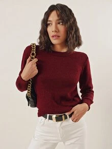 EURMUSE 素色圓領套頭毛衣 - 酒紅色 - 查看 6