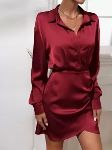 Drop Shoulder Tulip Hem Half Button Shirt Dress - Burgundy - View 1