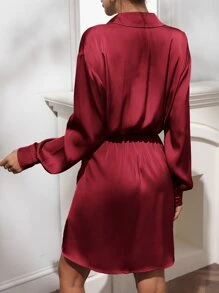 Drop Shoulder Tulip Hem Half Button Shirt Dress - Burgundy - View 2