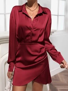 Drop Shoulder Tulip Hem Half Button Shirt Dress - Burgundy - View 3