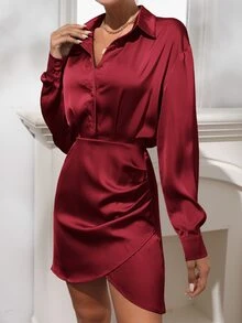 Drop Shoulder Tulip Hem Half Button Shirt Dress - Burgundy - View 4