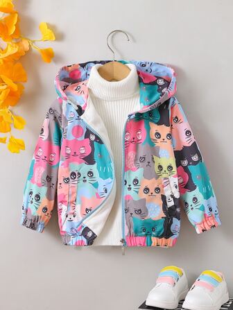 小女童滿版卡通圖案加絨內裏連帽夾克無毛衣