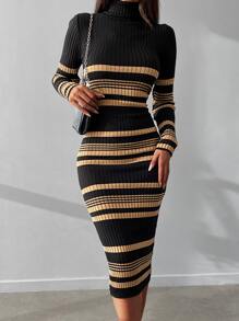 EURMUSE Striped Pattern Turtleneck Jumper Dress - Multicolor - View 1