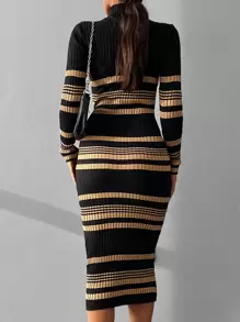 EURMUSE Striped Pattern Turtleneck Jumper Dress - Multicolor - View 2