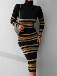EURMUSE Striped Pattern Turtleneck Jumper Dress - Multicolor - View 3