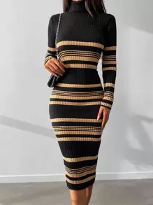 EURMUSE Striped Pattern Turtleneck Jumper Dress - Multicolor - View 4