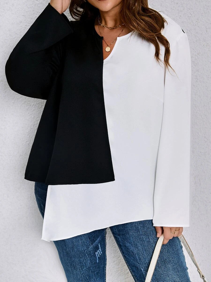 SHEIN LUNE Blusa de dos tonos bajo asimétrico - Blanco y Negro - Ver 1