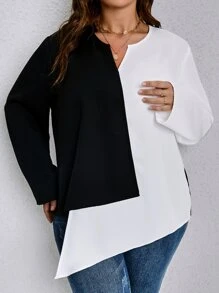 SHEIN LUNE Blusa de dos tonos bajo asimétrico - Blanco y Negro - Ver 3