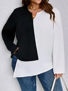 SHEIN LUNE Blusa de dos tonos bajo asimétrico - Blanco y Negro - Ver 4