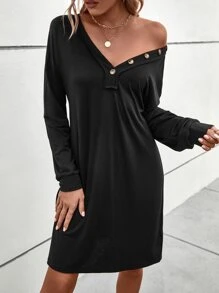 SHEIN LUNE Button Detail V Neck Tee Dress - Black - View 3