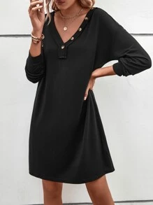 SHEIN LUNE Button Detail V Neck Tee Dress - Black - View 5
