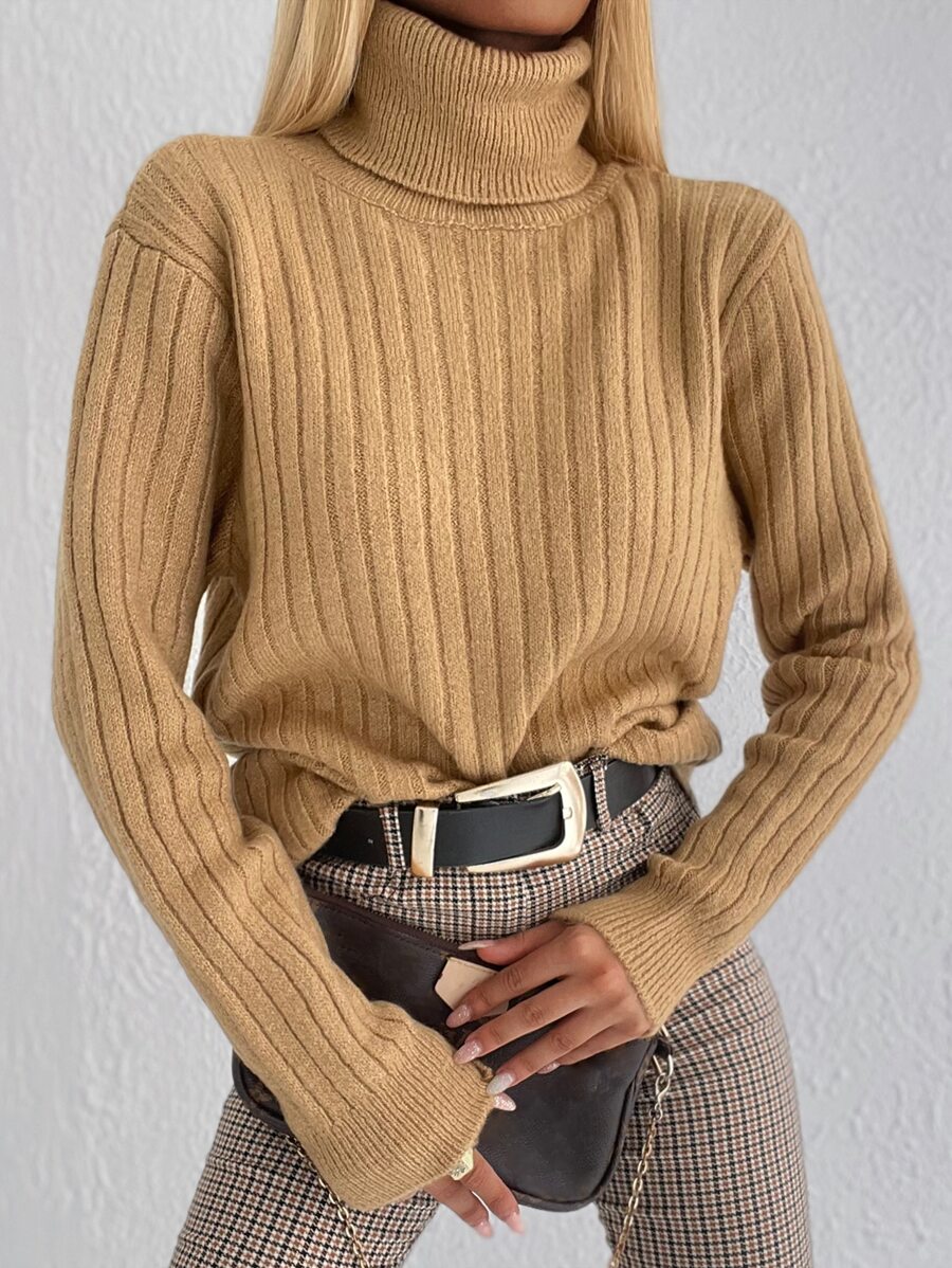 EURMUSE Turtleneck Rib Knit Sweater - Camel - View 1