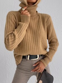 EURMUSE Turtleneck Rib Knit Sweater - Camel - View 5