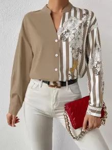 SHEIN Clasi Floral And Striped Print Notched Neck Shirt - Khaki - View 1