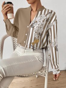 SHEIN Clasi Floral And Striped Print Notched Neck Shirt - Khaki - View 3