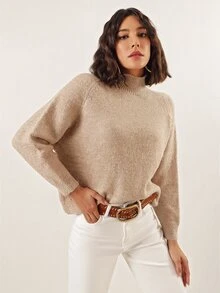 EURMUSE High Neck Raglan Sleeve Jumper - Khaki - View 4