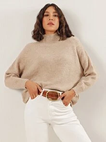 EURMUSE High Neck Raglan Sleeve Jumper - Khaki - View 5