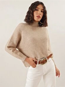 EURMUSE High Neck Raglan Sleeve Jumper - Khaki - View 6