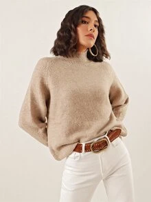 EURMUSE High Neck Raglan Sleeve Jumper - Khaki - View 7