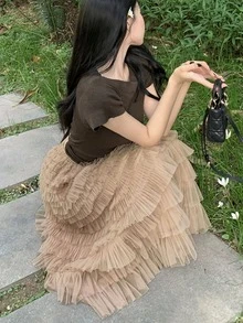 無地柄 レイヤーフリル メッシュ スカート - カーキ - チェックする 4