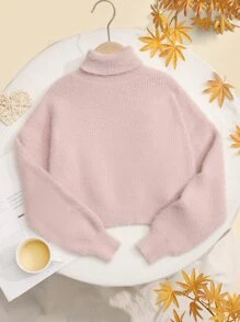 SHEIN Girls Turtleneck Drop Shoulder Jumper - Baby Pink - View 1