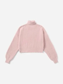 SHEIN Girls Turtleneck Drop Shoulder Jumper - Baby Pink - View 3