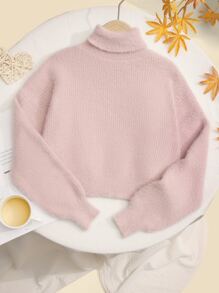 SHEIN Girls Turtleneck Drop Shoulder Jumper - Baby Pink - View 6