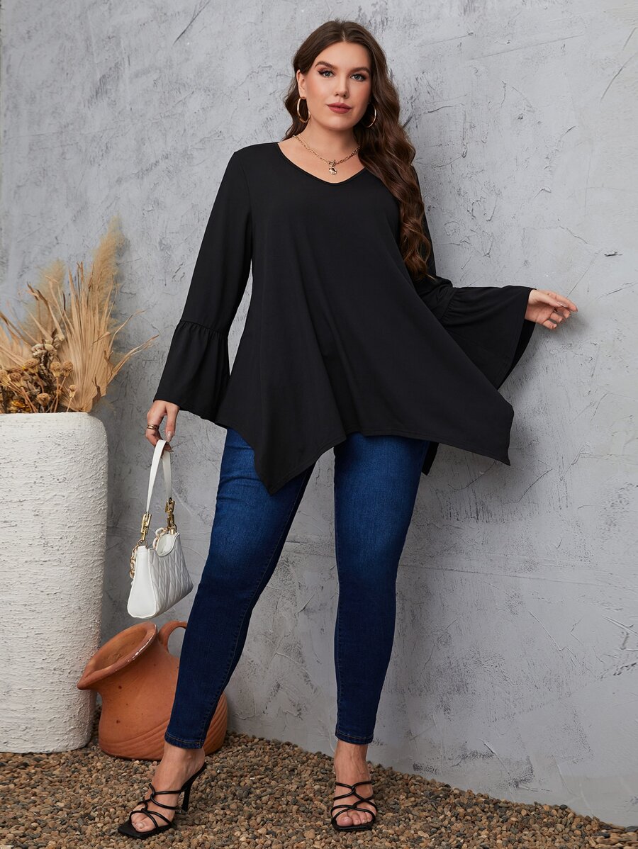 Mulvari 大碼喇叭袖手帕下擺T恤 - 黑色 - 查看 1