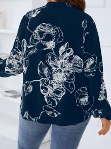 SHEIN LUNE Top con estampado floral de manga farol - Azul Marino - Ver 2