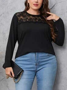 Mulvari Áo thun Plus size Tương phản ren màu trơn Giải trí - màu đen - Xem 1
