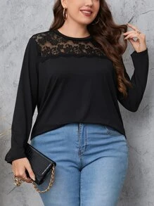 Mulvari Áo thun Plus size Tương phản ren màu trơn Giải trí - màu đen - Xem 3