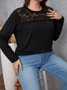 Mulvari Áo thun Plus size Tương phản ren màu trơn Giải trí - màu đen - Xem 4