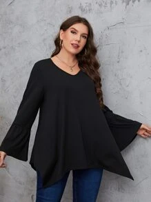 Mulvari 大碼喇叭袖手帕下擺T恤 - 黑色 - 查看 4