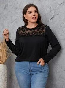 Mulvari Áo thun Plus size Tương phản ren màu trơn Giải trí - màu đen - Xem 5
