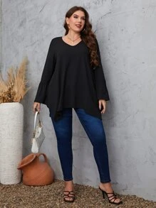 Mulvari 大碼喇叭袖手帕下擺T恤 - 黑色 - 查看 5