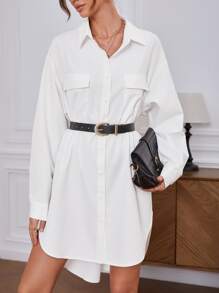 BizChic 落肩袖翻蓋口袋襯衫洋裝不附腰帶工作服 - 白色 - 查看 6