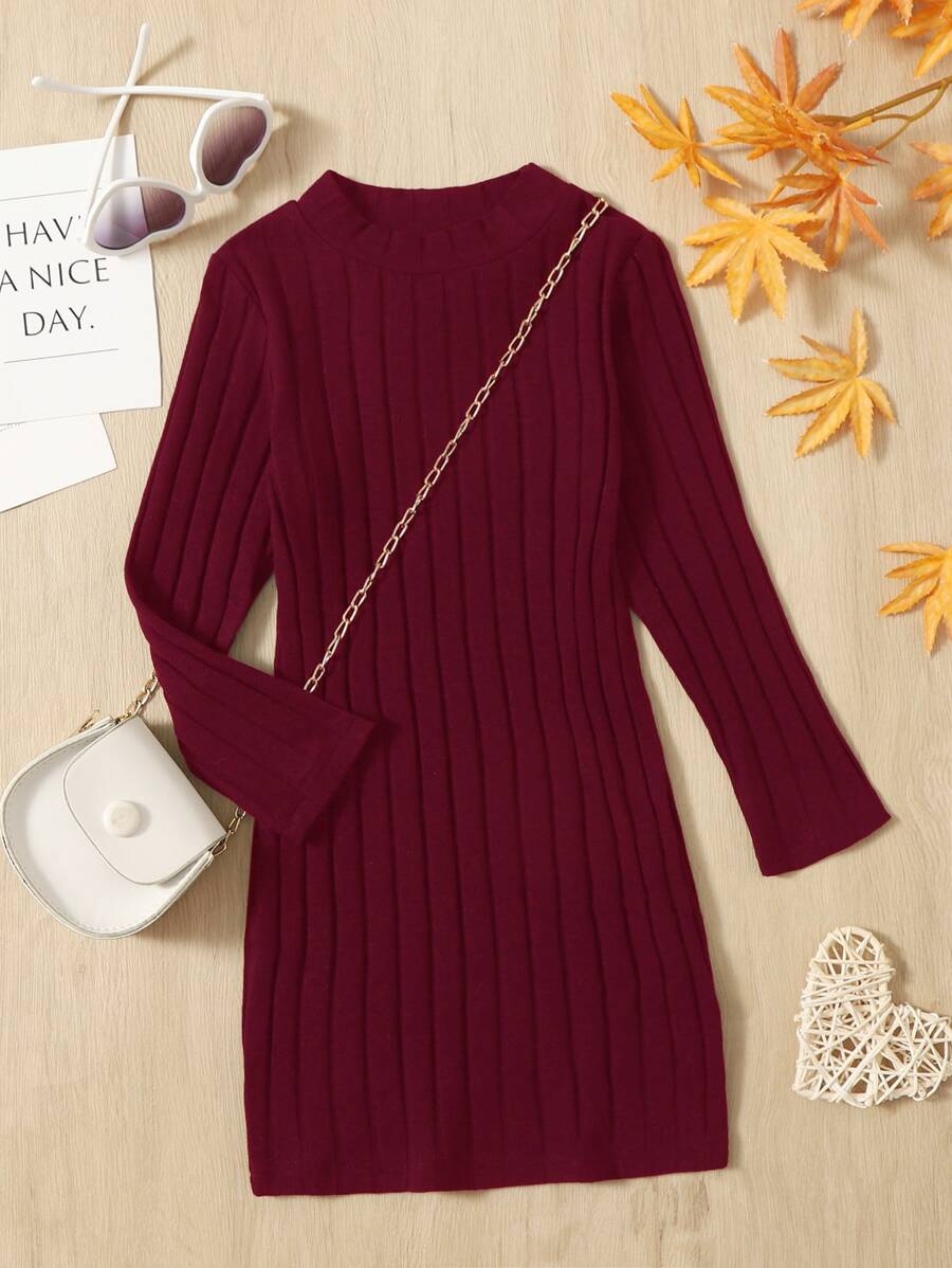 Toddler Girls Mock Neck Ribbed Knit Tee Dress Without Bag - Burgundy - View 1