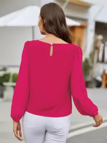 EMERY ROSE Lantern Sleeve Keyhole Back Blouse,Long Sleeve Tops Fall Cloth For Women - Hot Pink - View 2