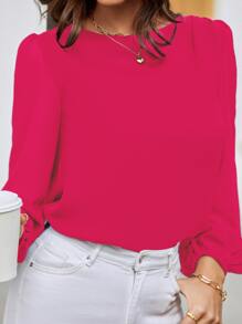 EMERY ROSE Lantern Sleeve Keyhole Back Blouse,Long Sleeve Tops Fall Cloth For Women - Hot Pink - View 3