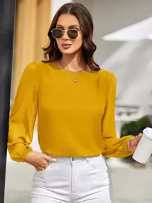 SHEIN LUNE Blouse à manches lanternes avec dos à encolure de clé, hauts à manches longues