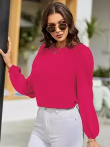 EMERY ROSE Lantern Sleeve Keyhole Back Blouse,Long Sleeve Tops Fall Cloth For Women - Hot Pink - View 4