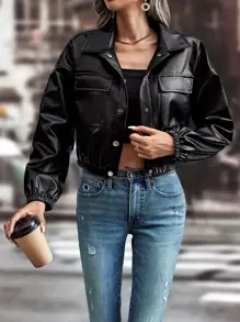 Áo khoác nữ Túi Nút phía trước màu trơn Hấp dẫn - màu đen - Xem 1