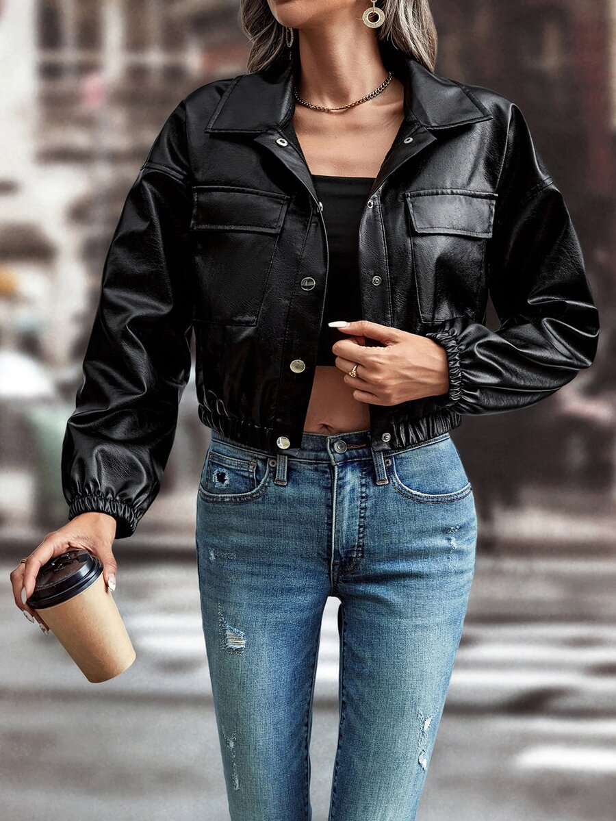 Áo khoác nữ Túi Nút phía trước màu trơn Hấp dẫn - màu đen - Xem 1