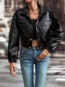 Áo khoác nữ Túi Nút phía trước màu trơn Hấp dẫn - màu đen - Xem 4