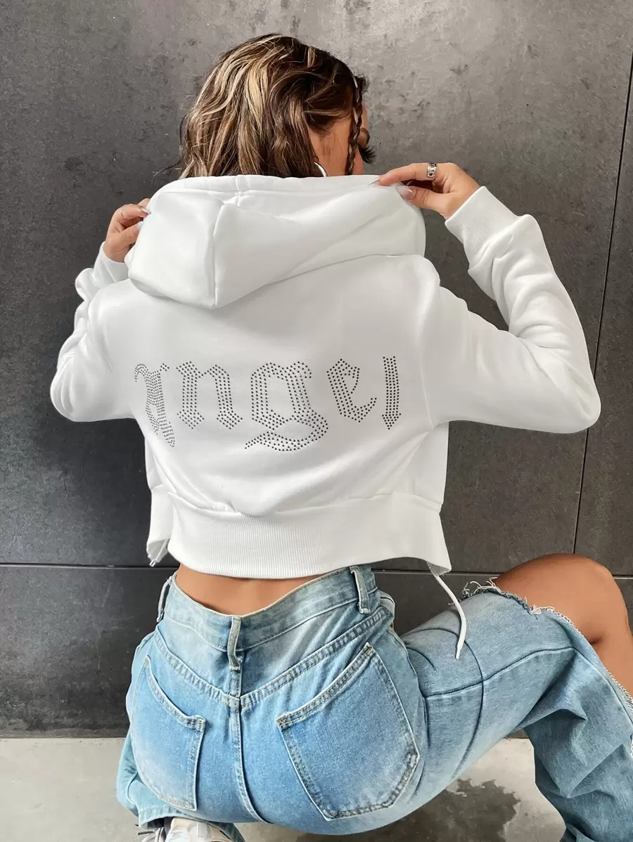 SHEIN Unity Áo hoodie dài tay dáng ngắn, có dây rút, họa tiết chữ đính đá, thích hợp mặc khi tốt nghiệp, làm giáo viên, đi học trở lại vào mùa thu. - trắng - Xem 1